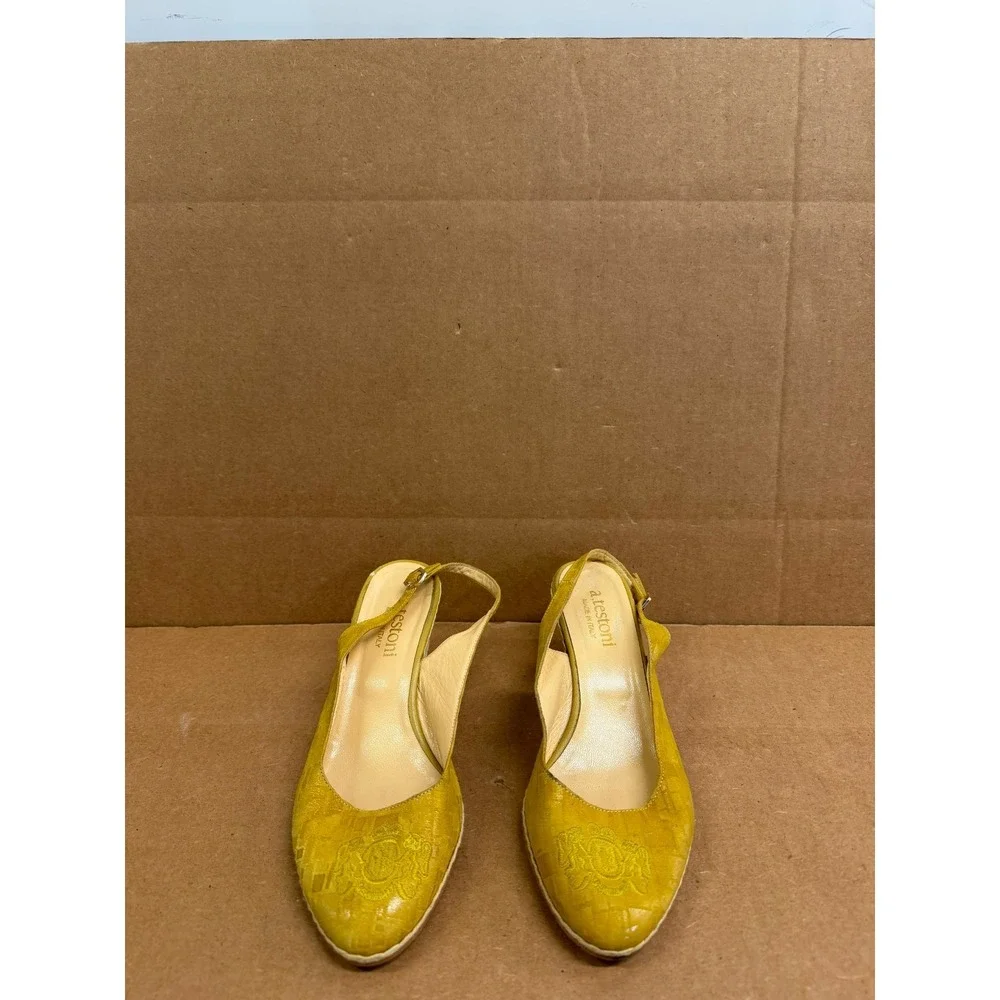 A.Testoni Embroidered Suede Leather Slingback Espadrille Wedge Yellow Size 37 EU